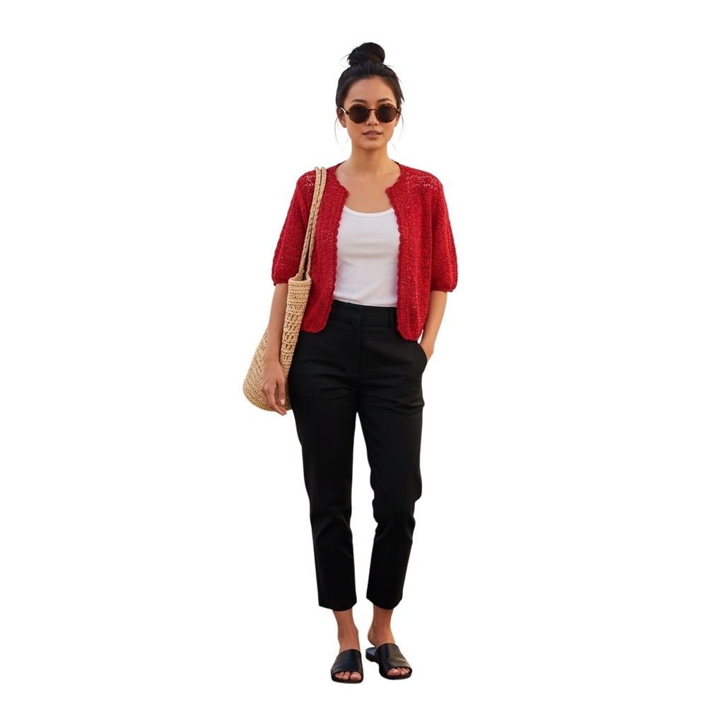 R&K Original Woman Vintage 80s Red Crochet Sequin Cropped Cardigan Plus Size 14W - Picture 2 of 10